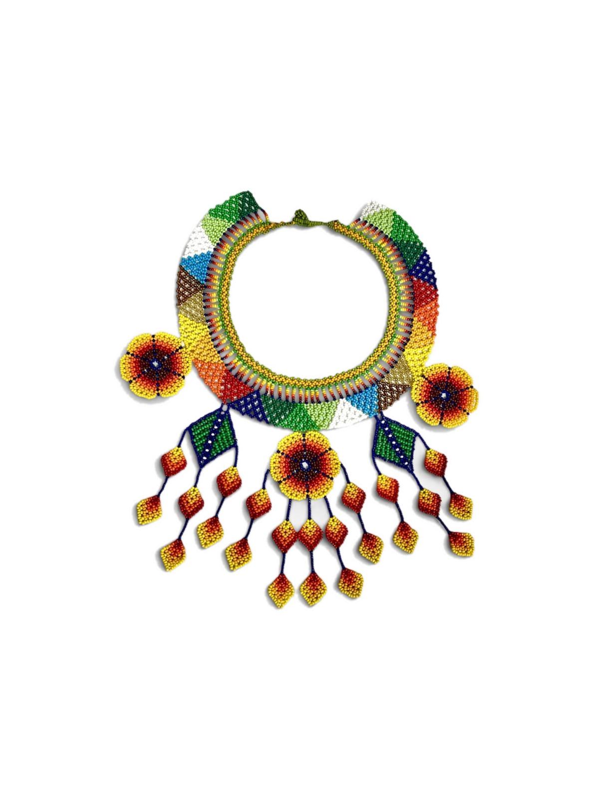 Flame Flower Beaded Drop Collar Necklace laid flat on white, handmade Colombian glass bead necklace by Zenú women