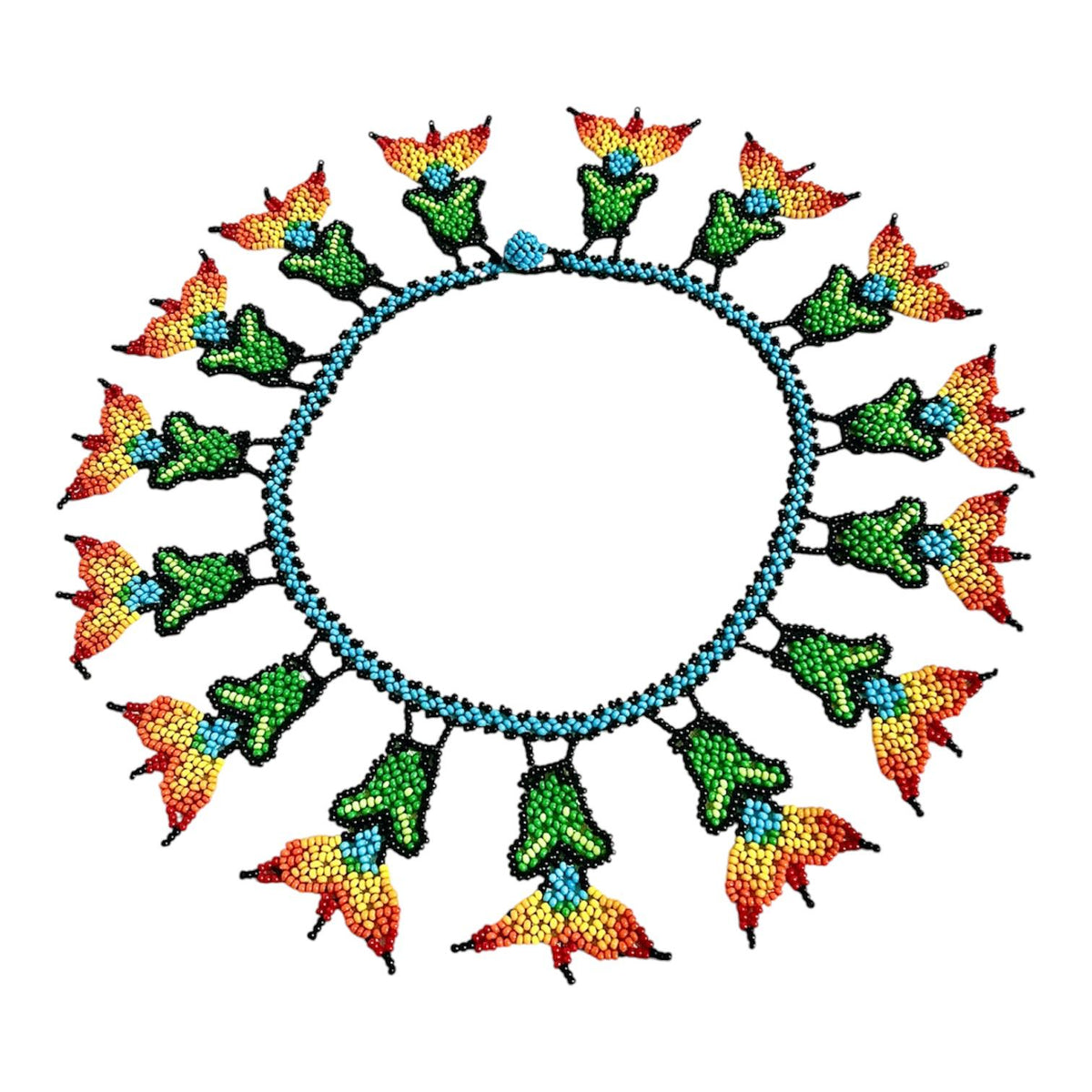 Green Flame Flower Beaded Necklace laid flat on white, handmade Colombian glass bead necklace by Zenú women