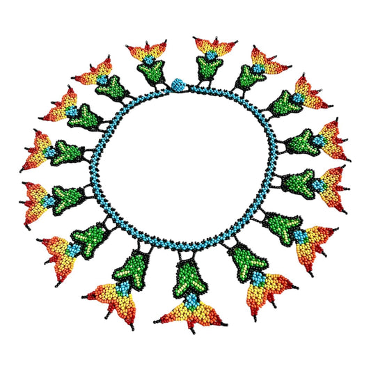 Green Flame Flower Beaded Necklace laid flat on white, handmade Colombian glass bead necklace by Zenú women