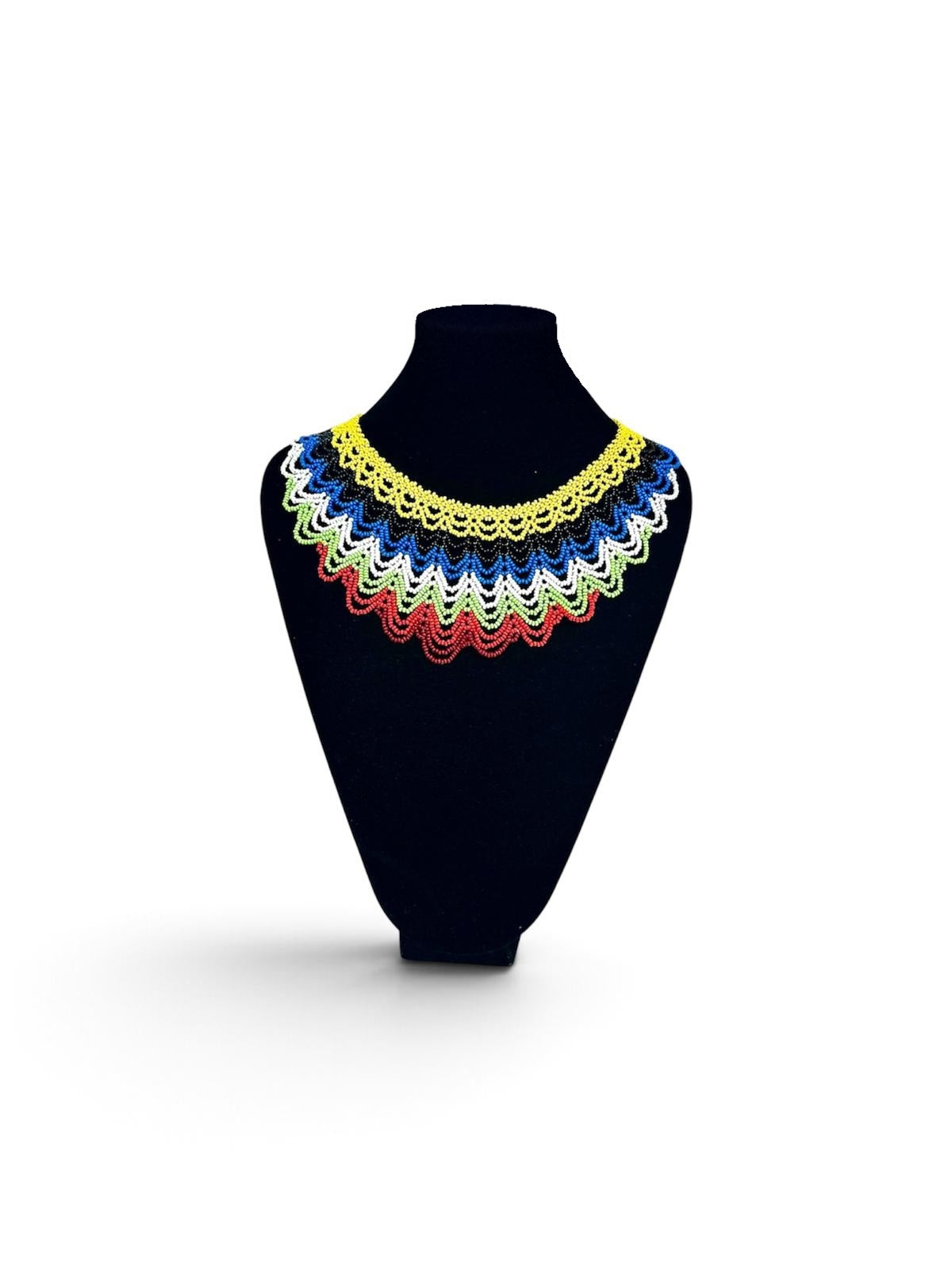 Navy, Red & Gold Layered Beaded Collar Necklace on velvet stand, handmade Colombian glass bead necklace by Zenú women