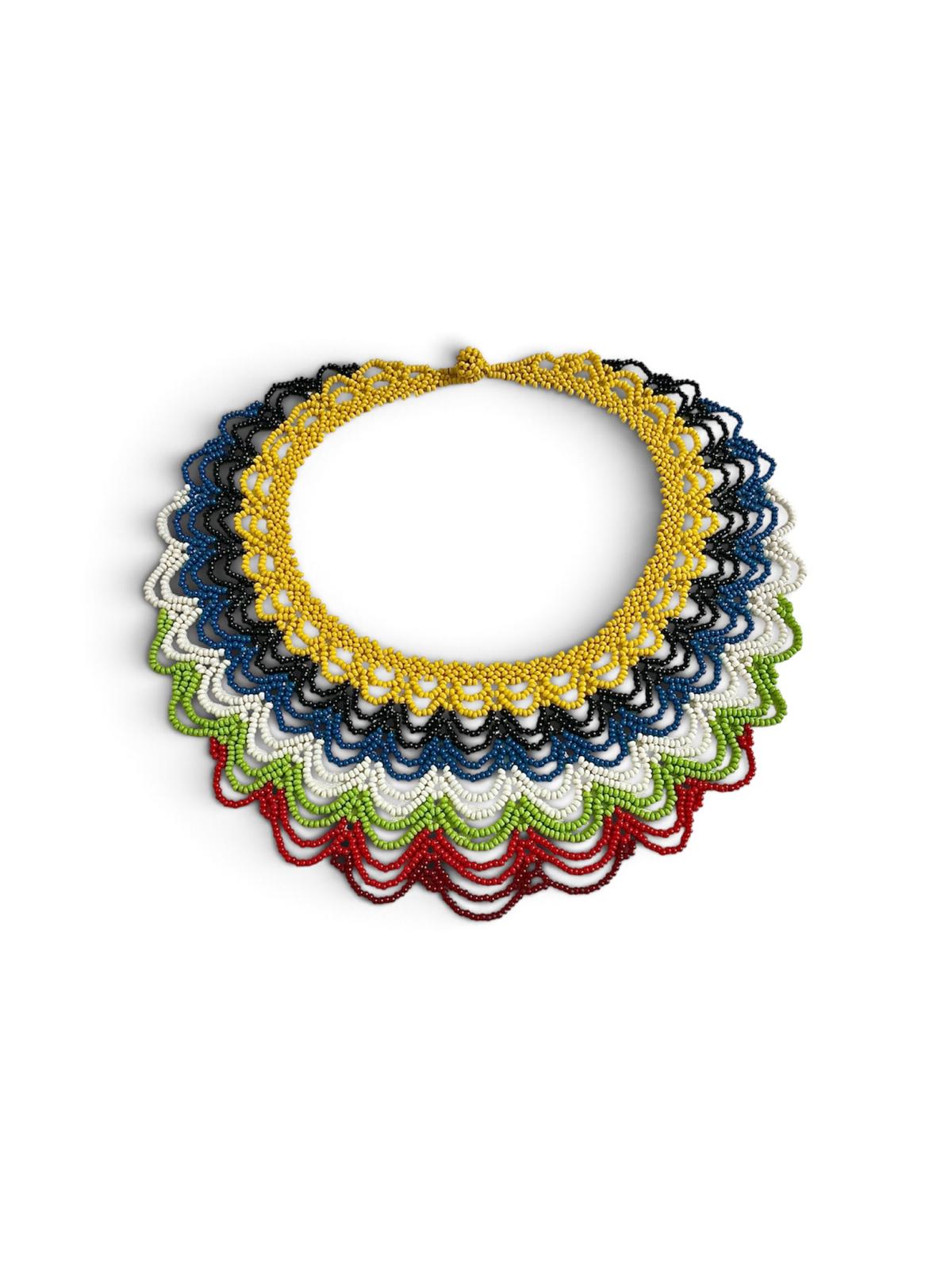 Navy, Red & Gold Layered Beaded Collar Necklace laid flat on white, handmade Colombian glass bead necklace by Zenú women