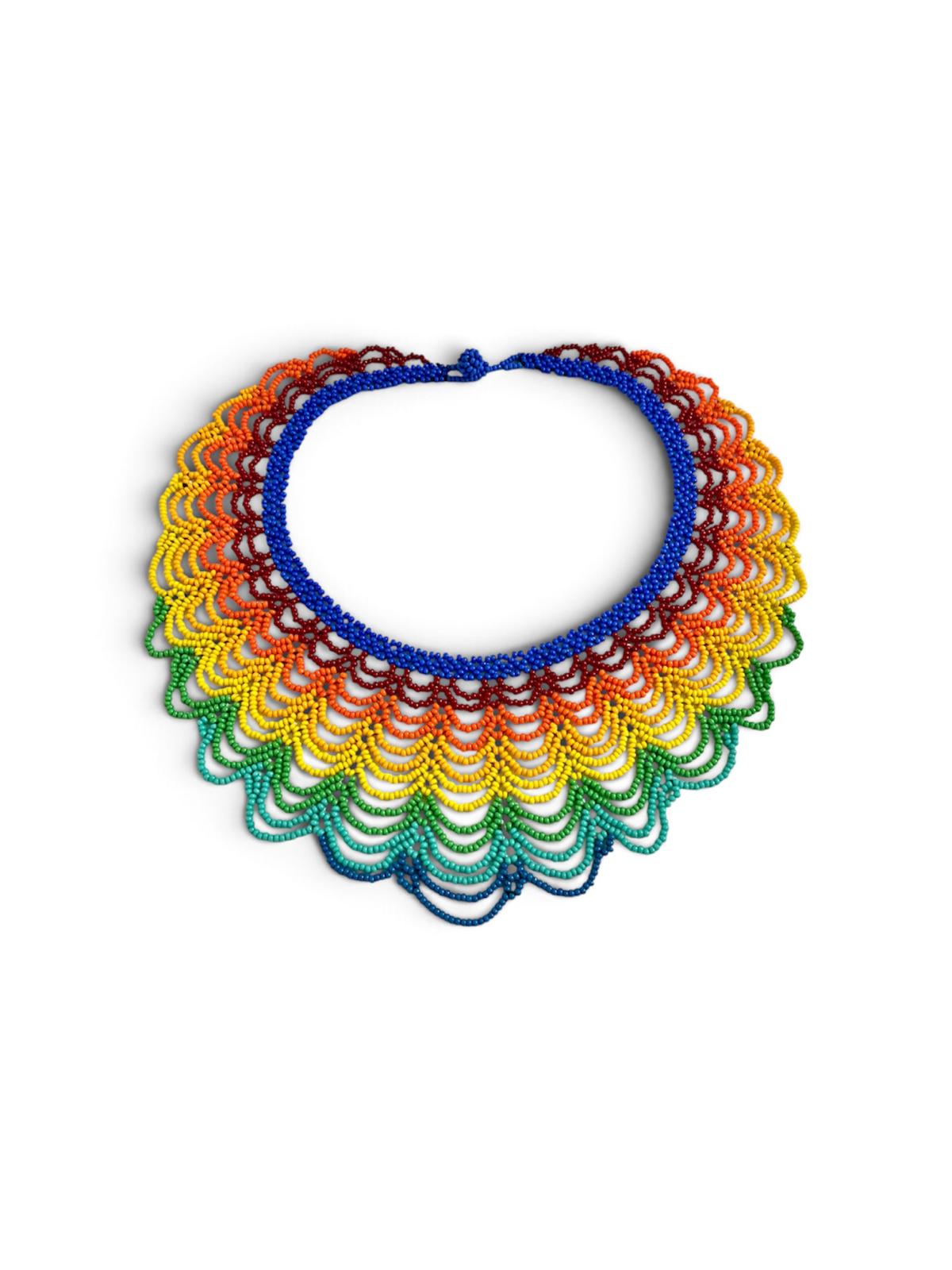 Rainbow Scalloped Beaded Collar with Royal Blue Neckband laid flat on white, handmade Colombian glass bead necklace by Zenú women