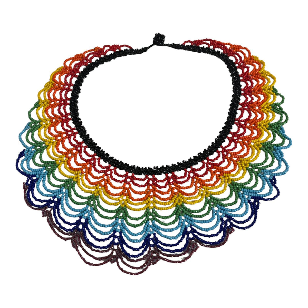 Rainbow Cascade Beaded Collar Necklace laid flat on white, handmade Colombian glass bead necklace by Zenú women