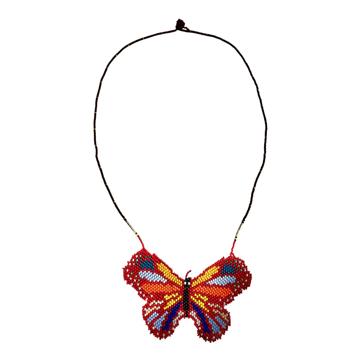Red Butterfly Beaded Pendant Necklace laid flat on white, handmade Colombian glass bead necklace by Zenú women