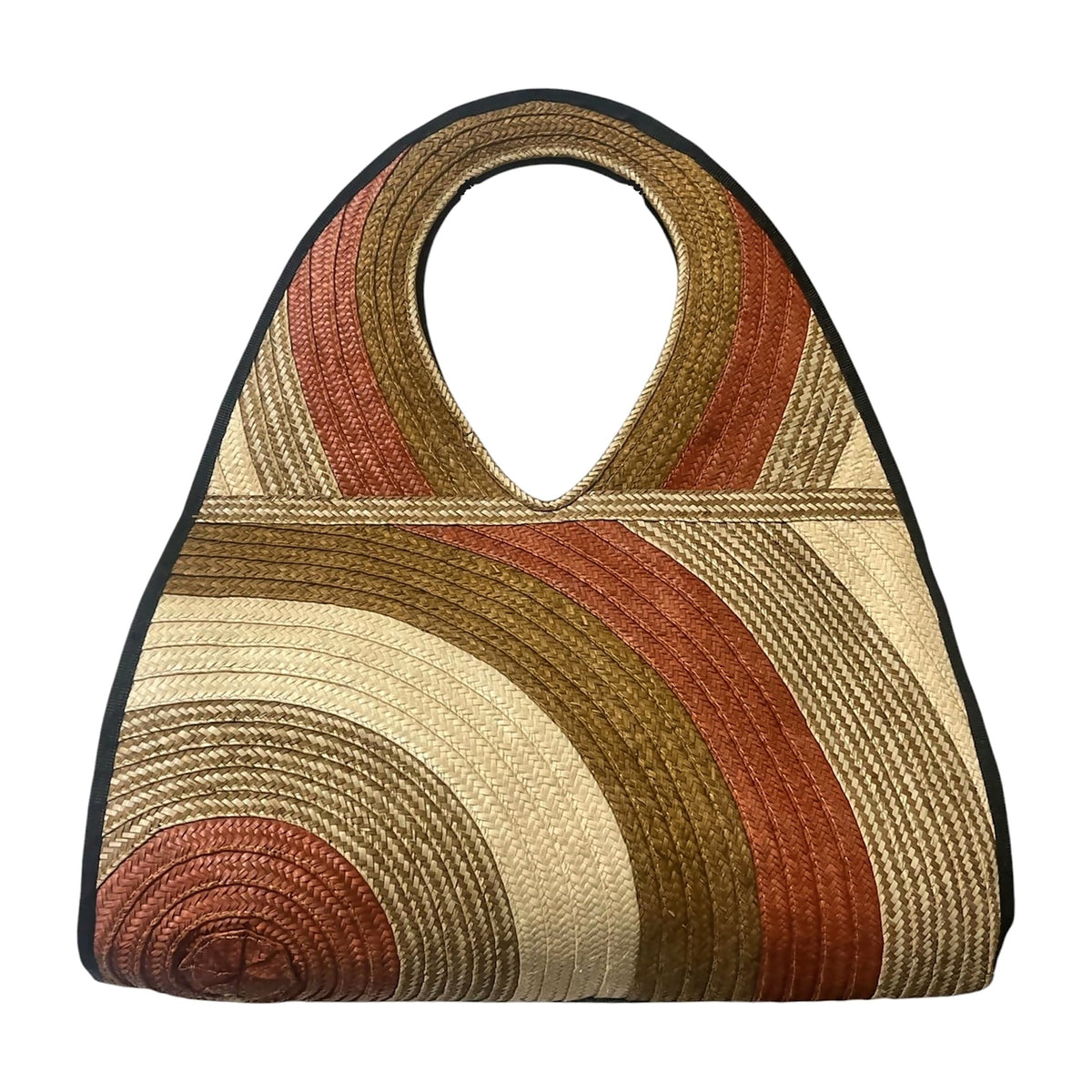 Terracotta & Olive Swirl Teardrop Caña Flecha Handbag, front view – handmade in Colombia by Fundación La Otra Vuelta