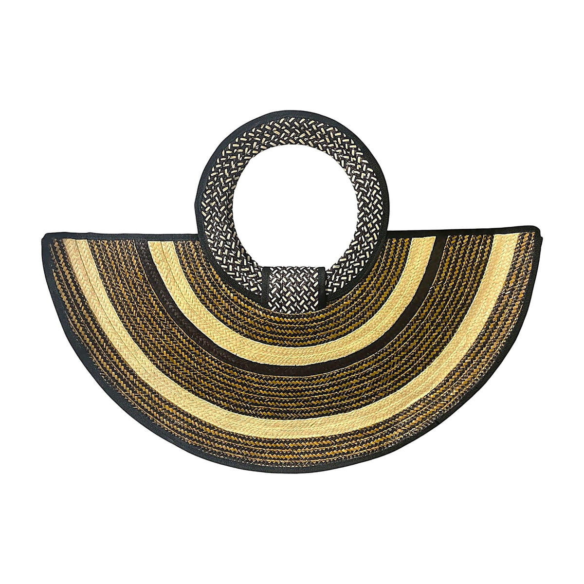 Black & Natural Half-Moon Caña Flecha Handbag with Ring Handle, front view – handmade in Colombia by Fundación La Otra Vuelta