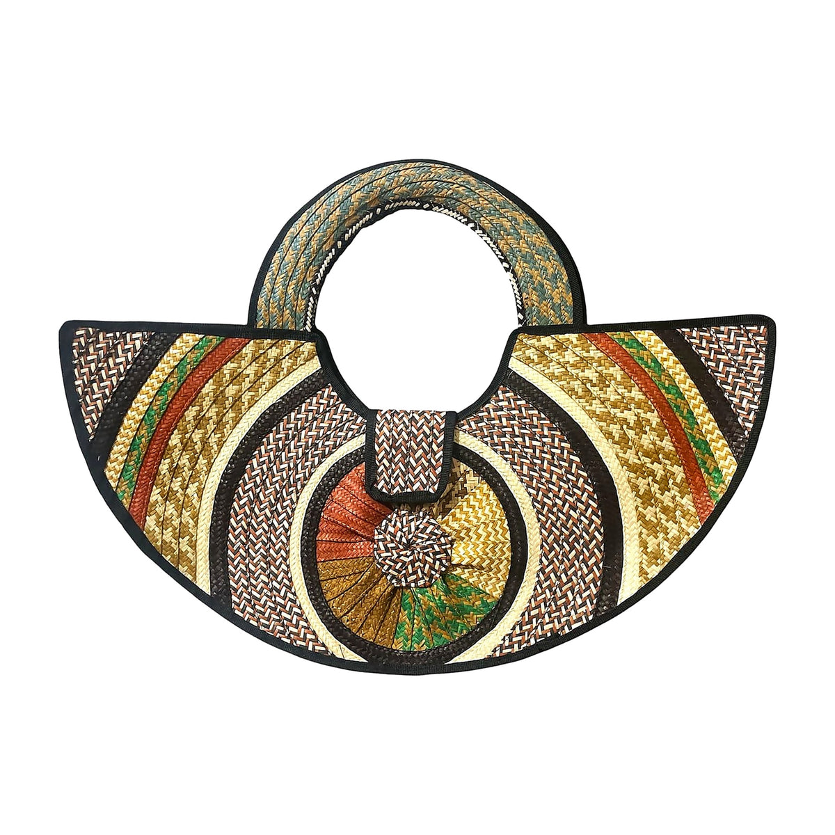 Multicolour Rosette Half-Moon Caña Flecha Handbag with turquoise handle, front view – handmade in Colombia by Fundación La Otra Vuelta