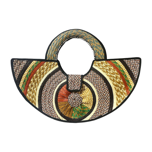 Multicolour Rosette Half-Moon Caña Flecha Handbag with turquoise handle, front view – handmade in Colombia by Fundación La Otra Vuelta