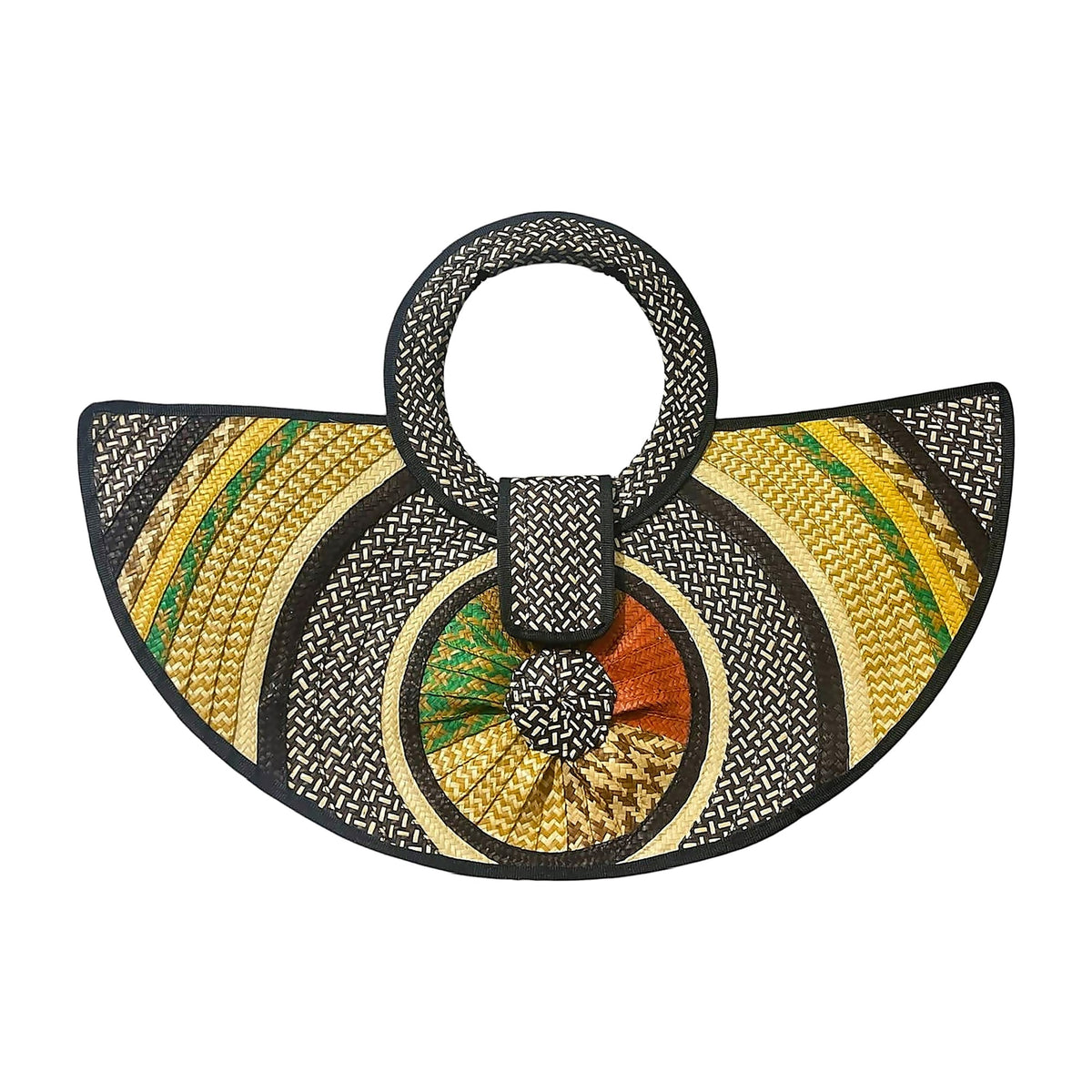 Multicolour Rosette Half-Moon Caña Flecha Handbag with black handle, front view – handmade in Colombia by Fundación La Otra Vuelta