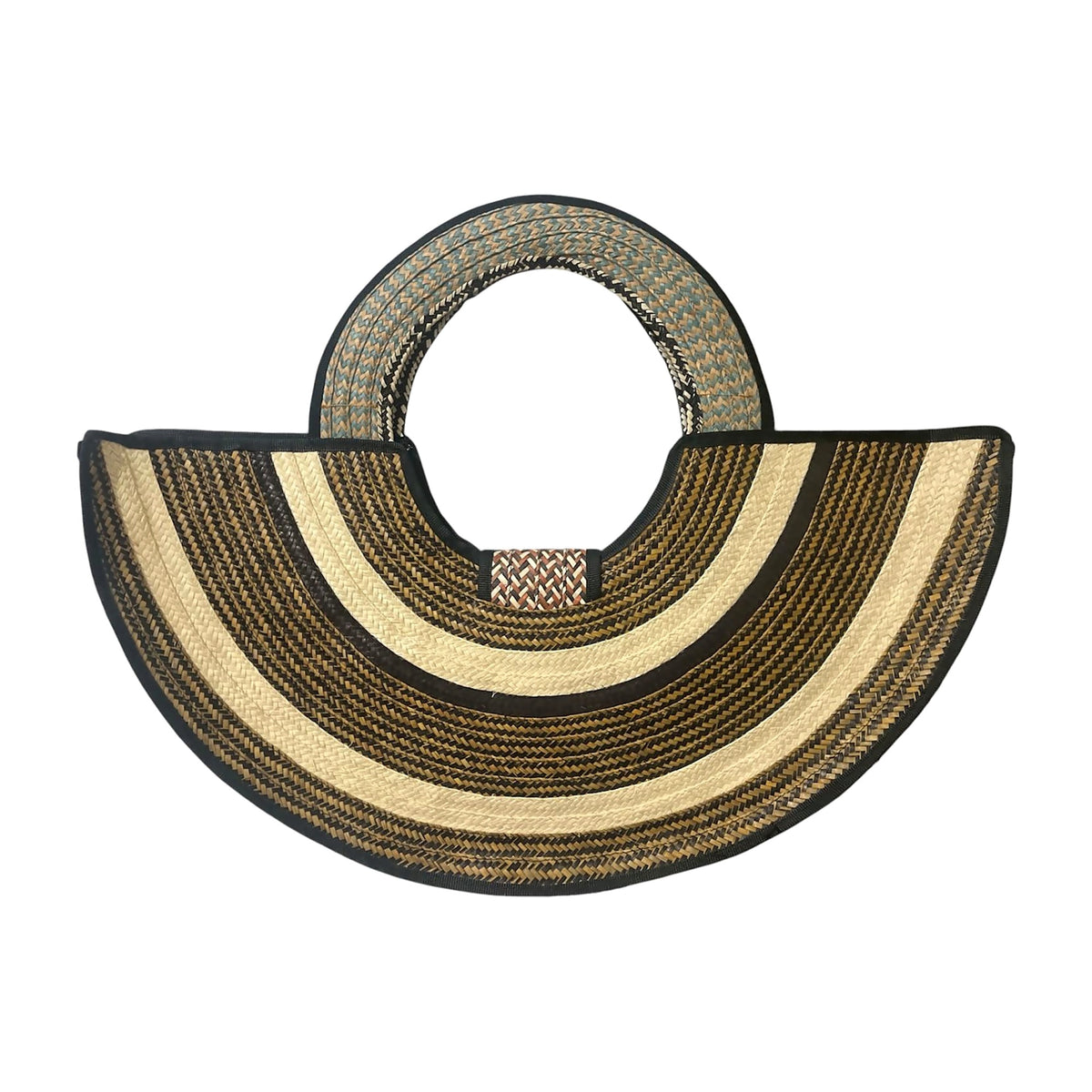 Natural & Brown Half-Moon Caña Flecha Handbag with turquoise handle, front view – handmade in Colombia by Fundación La Otra Vuelta