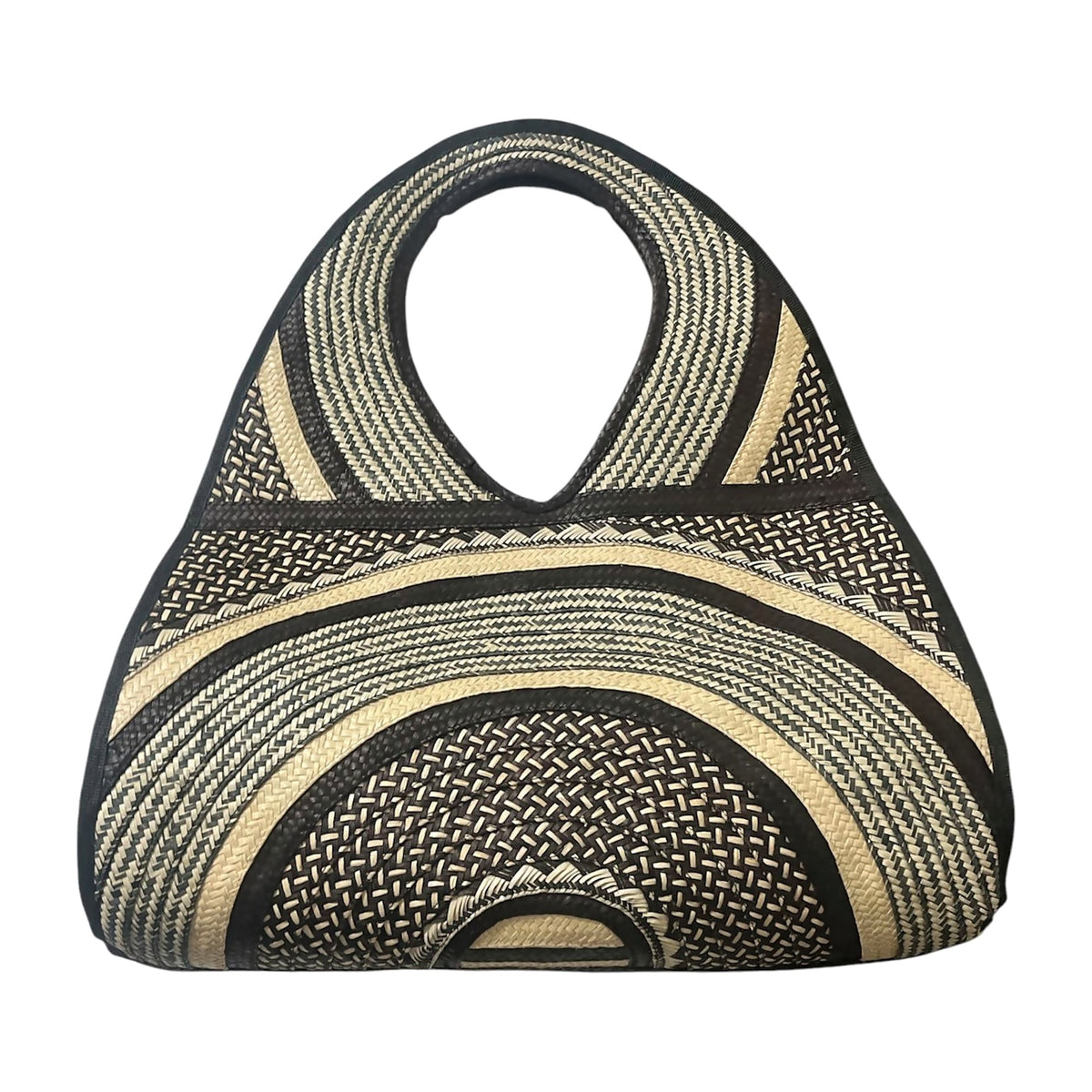 Black & Natural Sunrise Teardrop Caña Flecha Handbag, front view – handmade in Colombia by Fundación La Otra Vuelta
