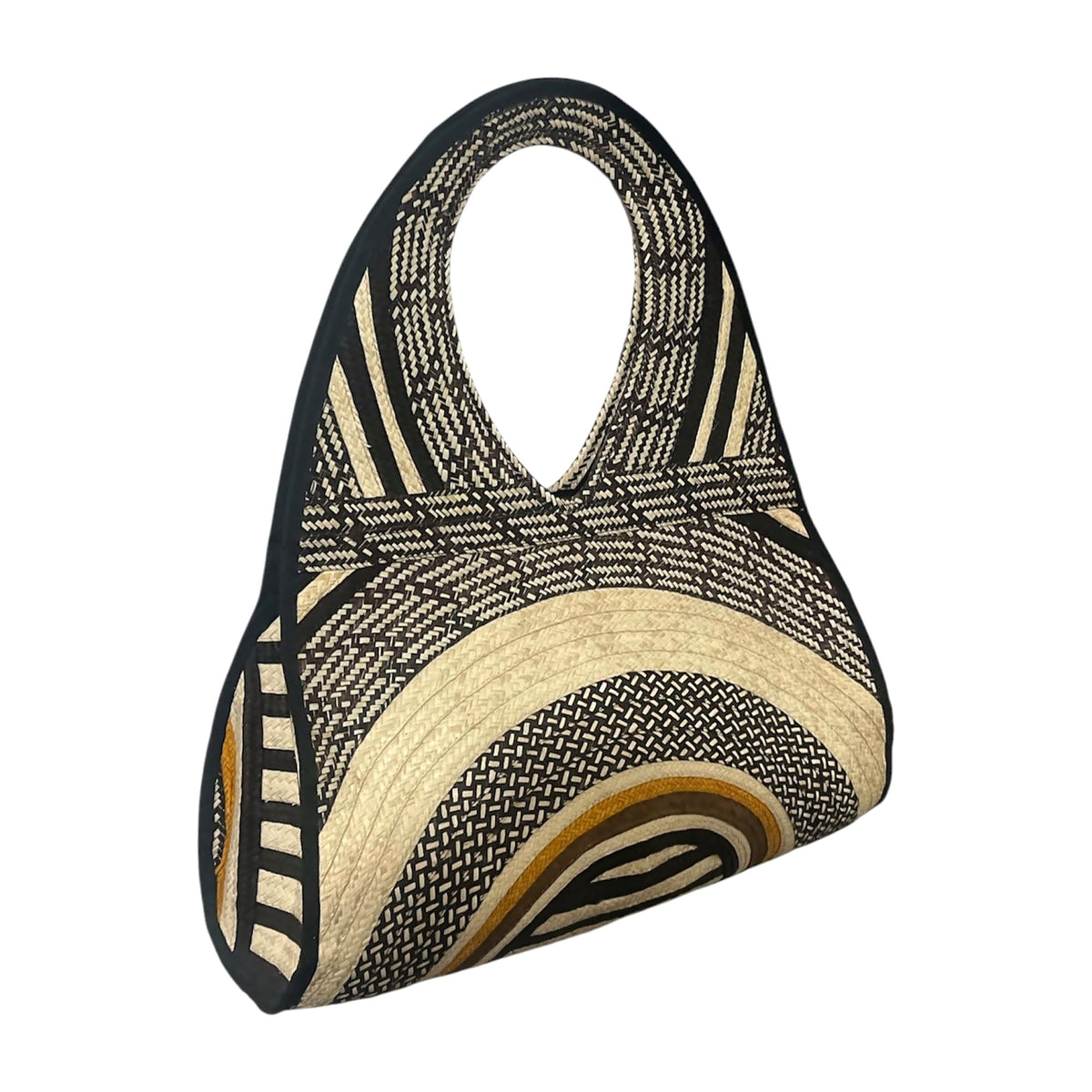 Mustard Sunrise Teardrop Caña Flecha Handbag, side view – handmade in Colombia by Fundación La Otra Vuelta