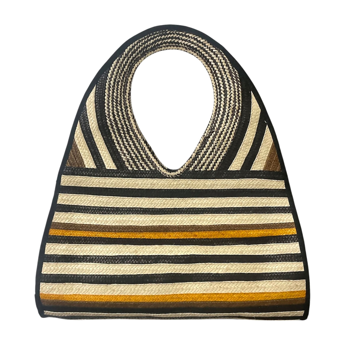 Mustard Stripe Teardrop Caña Flecha Handbag, front view – handmade in Colombia by Fundación La Otra Vuelta