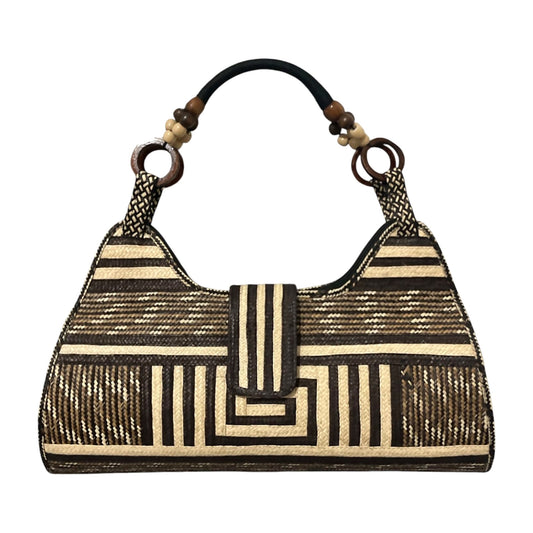 Brown Labyrinth Flap Caña Flecha Shoulder Bag with Beaded Handles, front view – handmade in Colombia by Fundación La Otra Vuelta