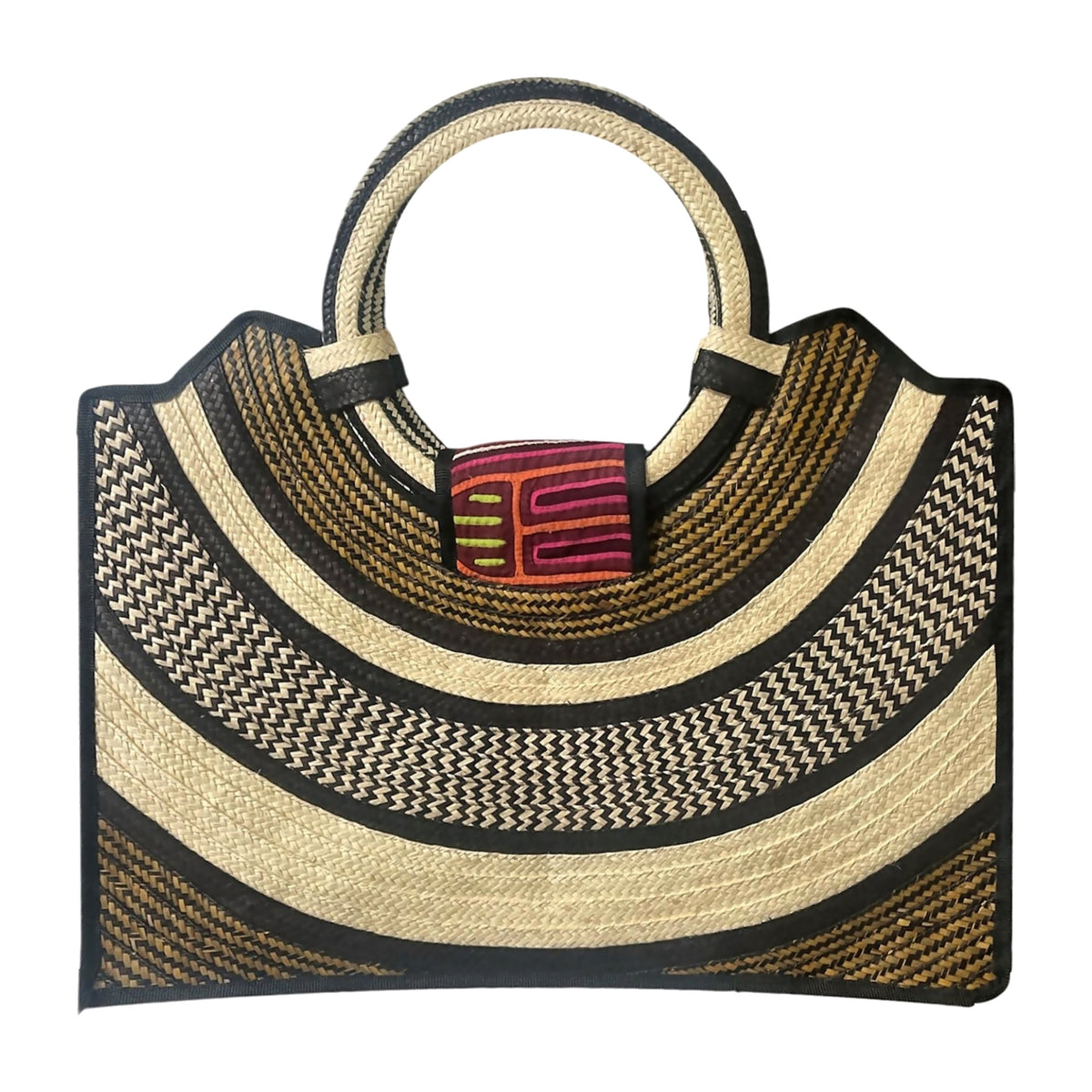 Zigzag Mola Arc Caña Flecha Tote with Ring Handle, front view – handmade in Colombia by Fundación La Otra Vuelta