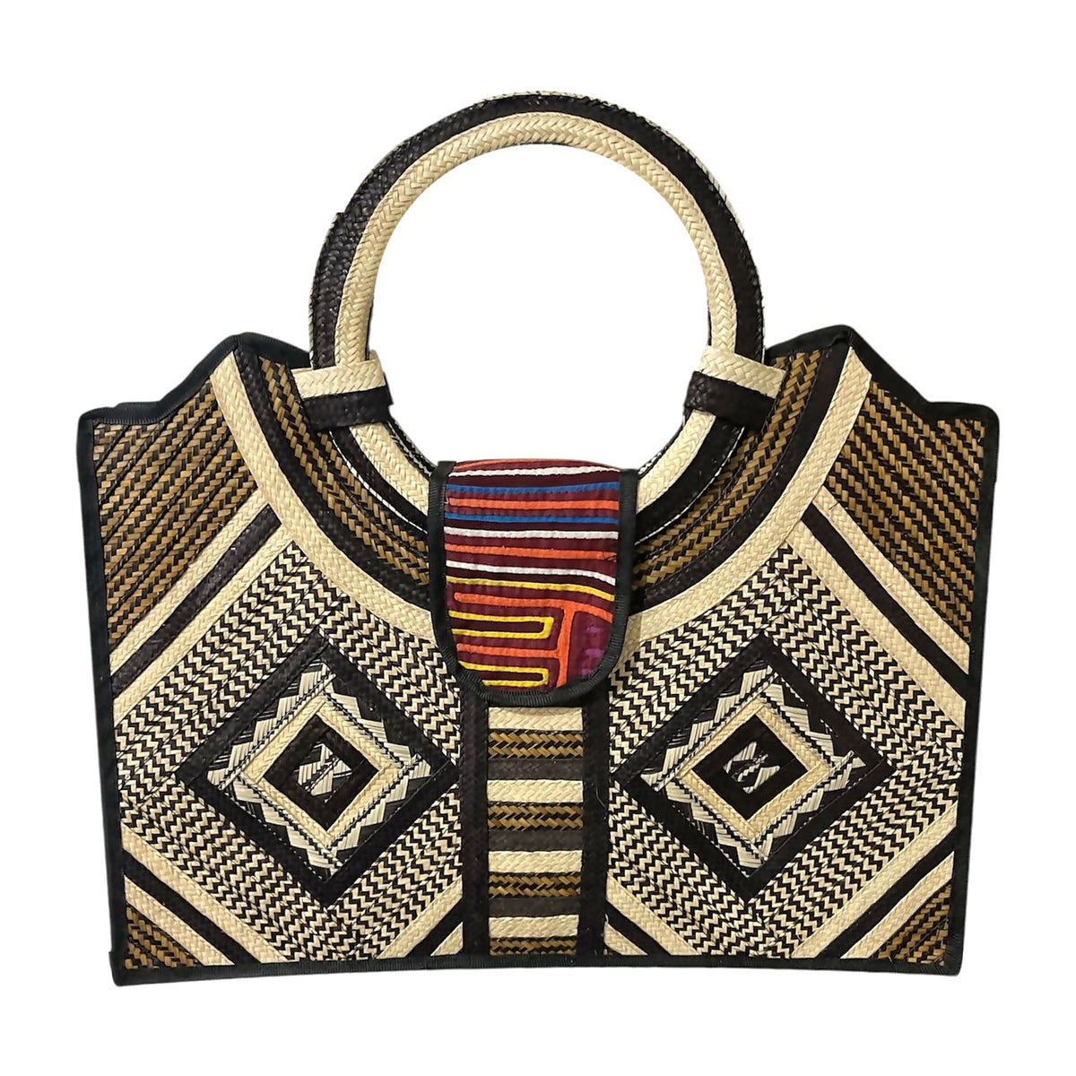 Diamond Mola Caña Flecha Tote with Ring Handle, front view – handmade in Colombia by Fundación La Otra Vuelta