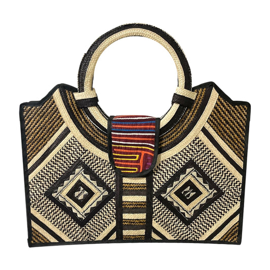 Diamond Mola Caña Flecha Tote with Ring Handle, front view – handmade in Colombia by Fundación La Otra Vuelta