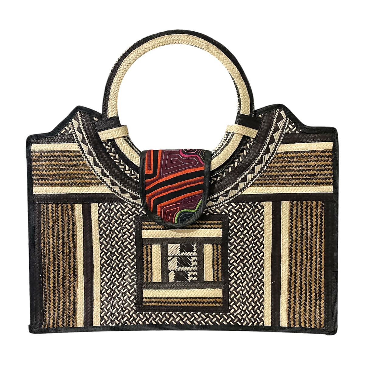 Golden Squares Mola Caña Flecha Tote with Ring Handle, front view – handmade in Colombia by Fundación La Otra Vuelta