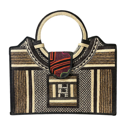 Golden Squares Mola Caña Flecha Tote with Ring Handle, front view – handmade in Colombia by Fundación La Otra Vuelta