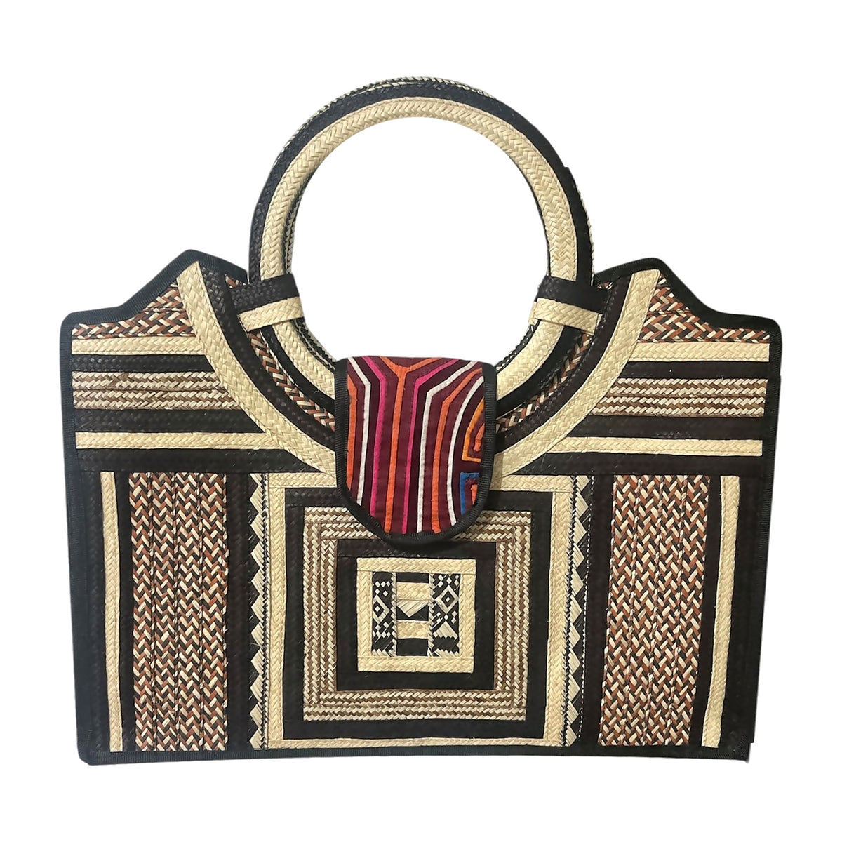 Rust Squares Mola Caña Flecha Tote with Ring Handle, front view – handmade in Colombia by Fundación La Otra Vuelta