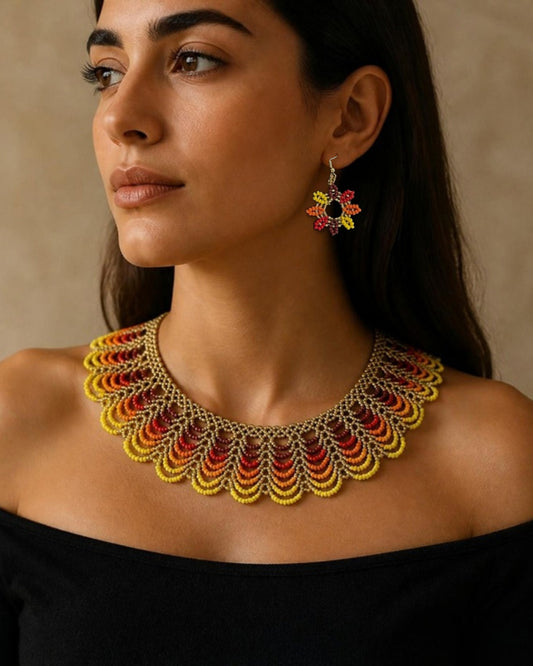 Fire Gold Scalloped Beaded Collar Necklace & Earrings Set