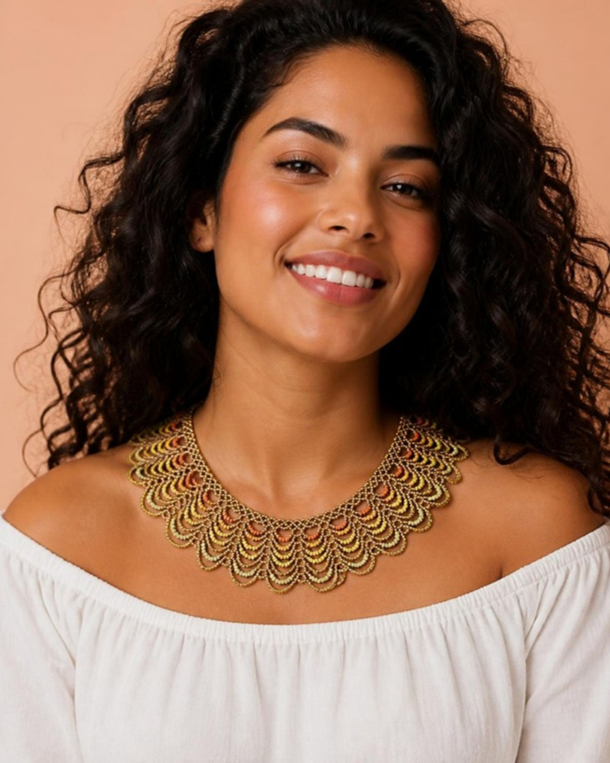 Model wearing Sunshine Gold Scalloped Beaded Collar Necklace, handmade Colombian glass bead necklace