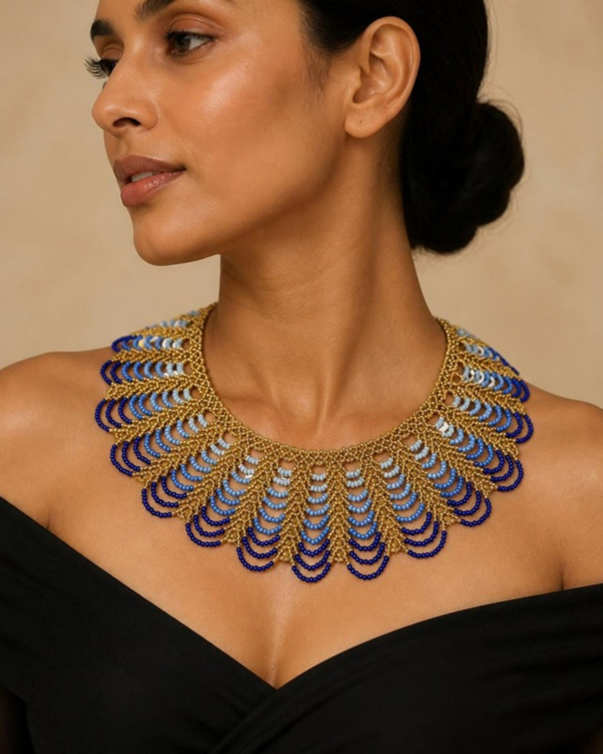 Model wearing Royal Blue & Gold Scalloped Beaded Collar Necklace, handmade Colombian glass bead necklace