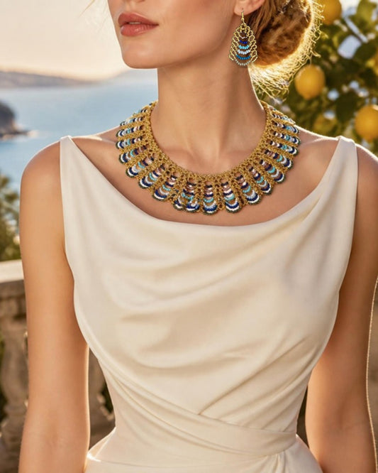 Peacock Blue & Gold Scalloped Beaded Collar Necklace & Earrings Set