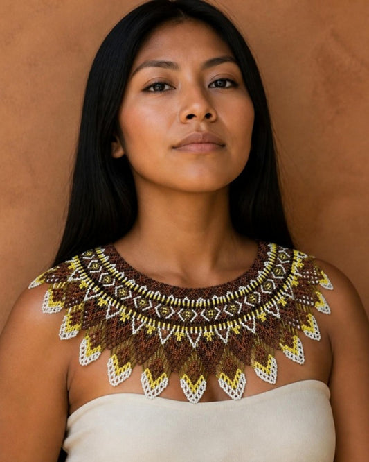 Model wearing Brown & Gold Sunburst Ceremonial Beaded Collar, handmade Colombian glass bead necklace