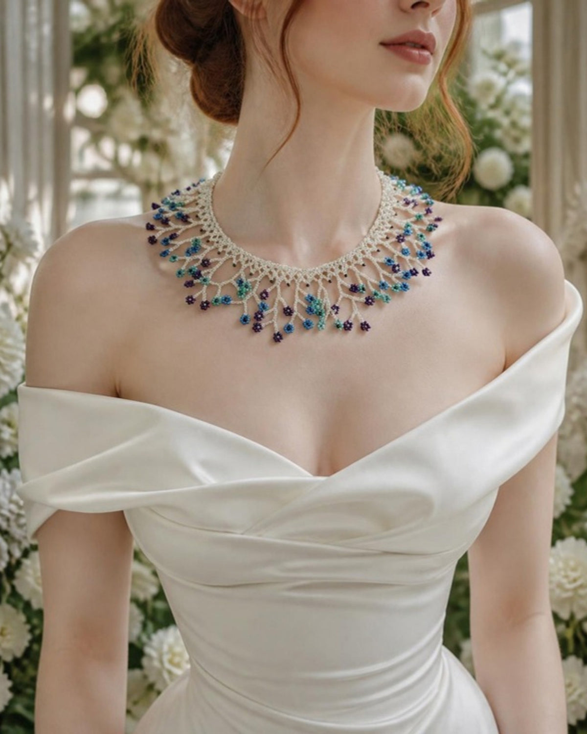 Bride wearing Silver & Teal Blossom Fringe Beaded Collar Necklace in a flower-filled orangery
