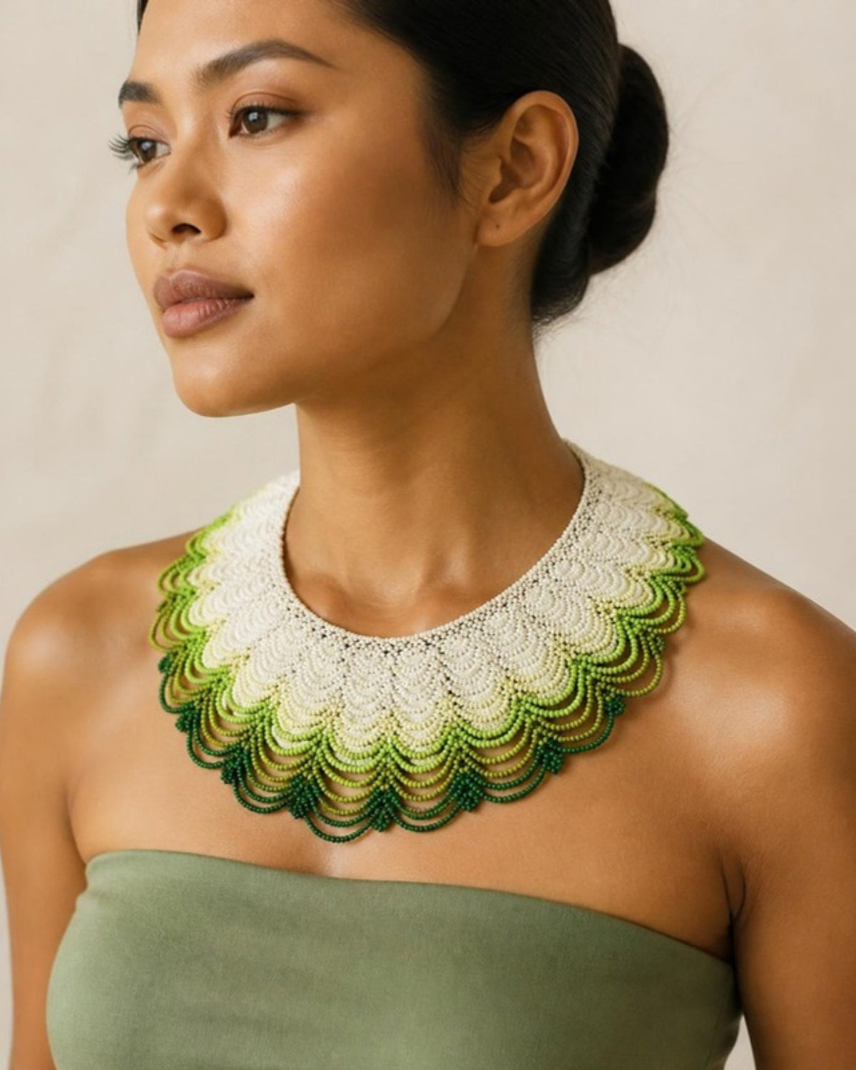 Model wearing White & Green Ombré Scalloped Beaded Collar Necklace, handmade Colombian glass bead necklace