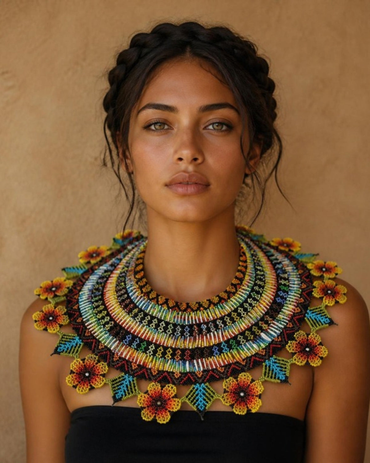 Model wearing Sunflower Ceremonial Beaded Collar, handmade Colombian glass bead necklace