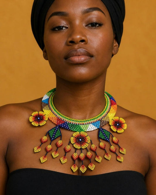 Model wearing Flame Flower Beaded Drop Collar Necklace, handmade Colombian glass bead necklace