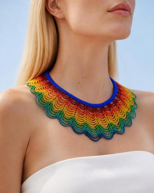 Model wearing Rainbow Scalloped Beaded Collar with Royal Blue Neckband, handmade Colombian glass bead necklace