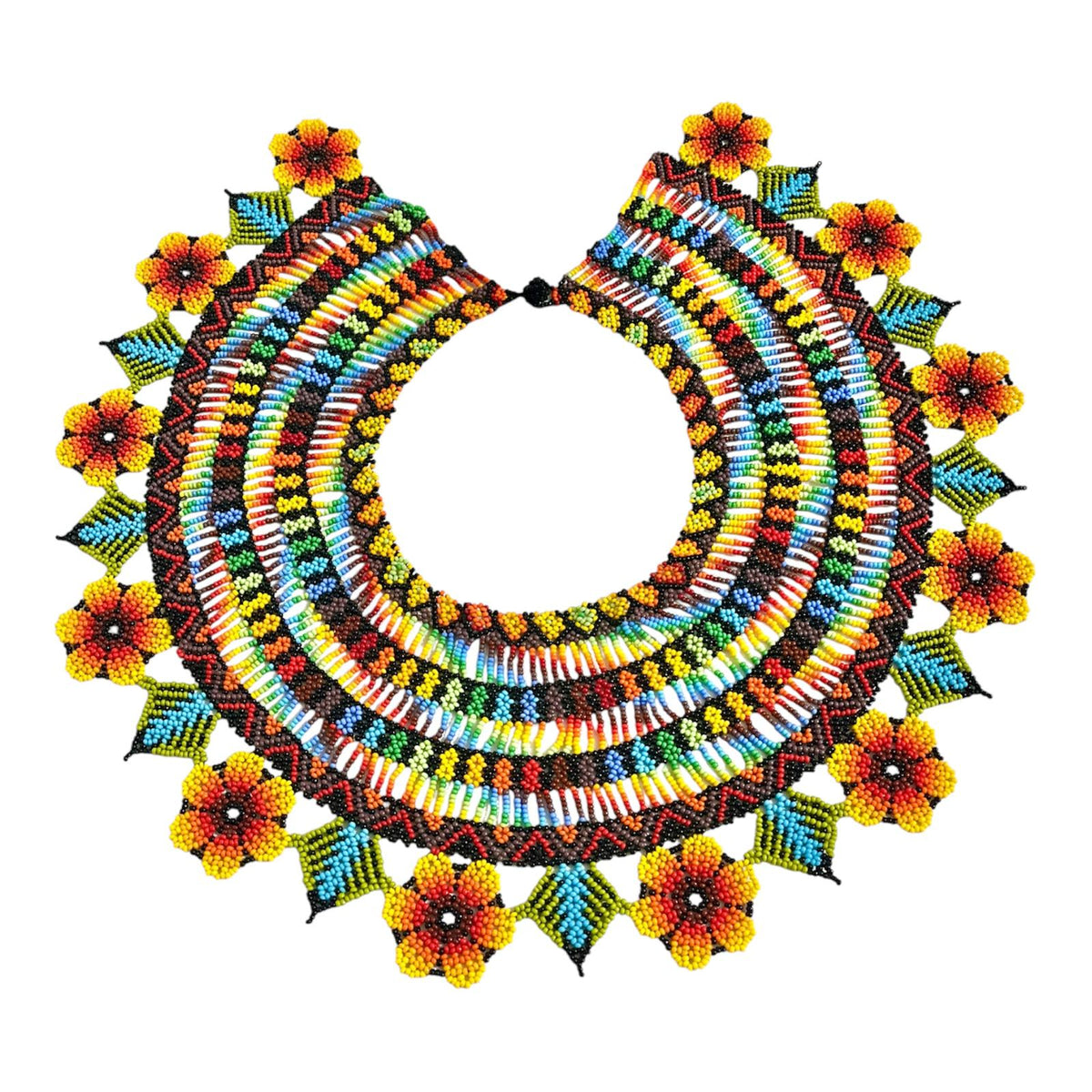 Sunflower Ceremonial Beaded Collar laid flat on white, handmade Colombian glass bead necklace by Zenú women